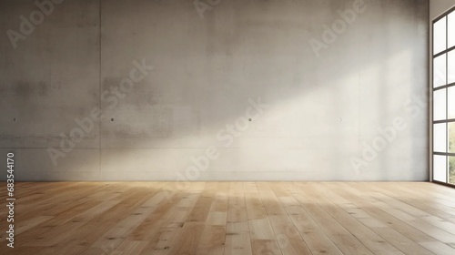 Empty room with wooden floor and light gray concrete wall, empty modern interior background © PhotoHunter
