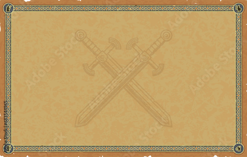 Large Medieval Parchment with Celtic Knot Frame, Fantasy Icons, Crossed Short Swords