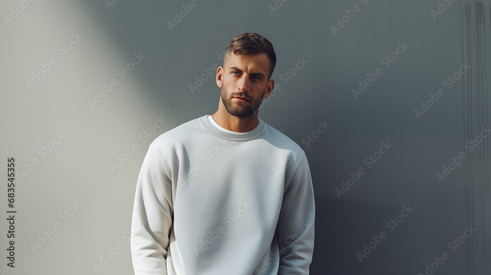 Man poses near a light wall in a gray sweatshirt. Gestures. Emotion. Casual wear. Studio model at work. Space for text and logo. Generated AI Man poses near a light wall in a gray sweatshirt. Gestures. Emotion. Casual wear. Studio model at work. Space for text and logo. Generated AI
