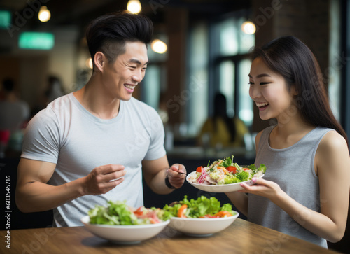 Young cheerful fitness Asian couple in sportswear actively communicating and cooking diet salad after workout. Health, active lifestyle, motivation.