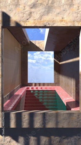 Surreal swimming pool with a view of the clouds, 3D render, 3d renderer