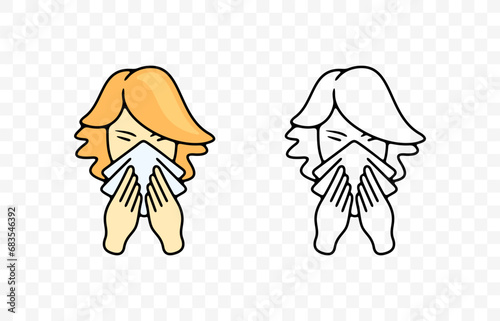 Sick woman blowing her nose or sneezing into handkerchief, graphic design. Disease, illness, sickness, virus and treatment, vector design and illustration