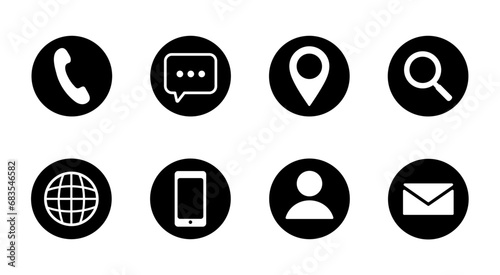Contact us web icon set. Business contact information icons include phone, message, location, search, website, mobile, name and mailbox icon