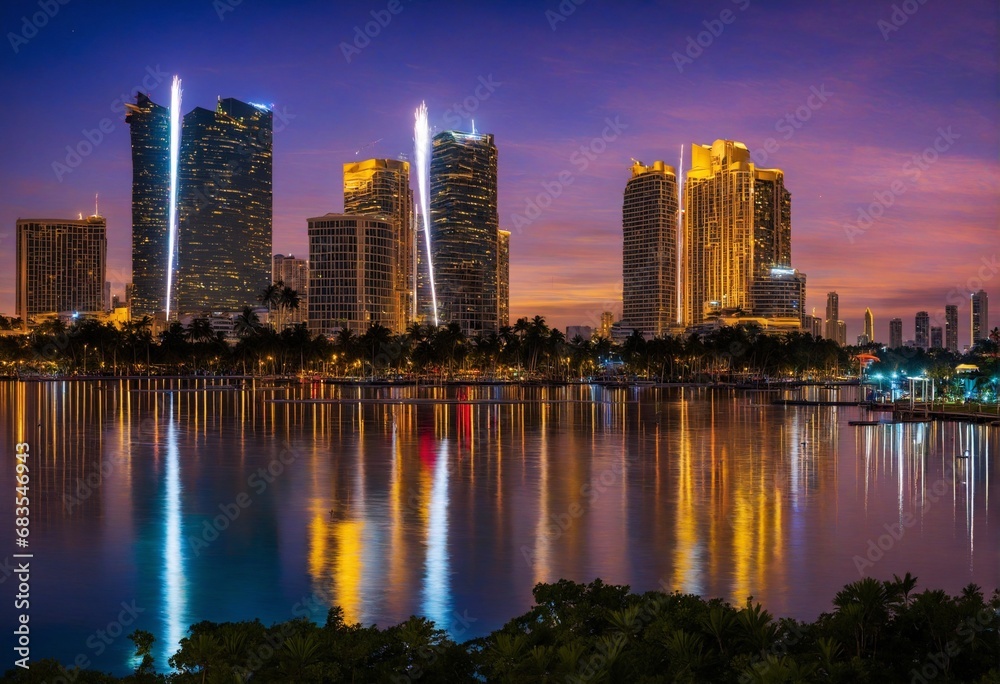 a big city with skyscrapers with a lake - night photography