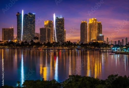 a big city with skyscrapers with a lake - night photography