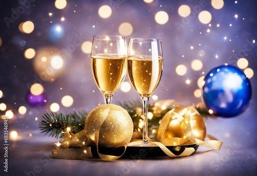 champagne in glasses golden and blue christmas balls - for celebration cards like christmas, new years eve and other events