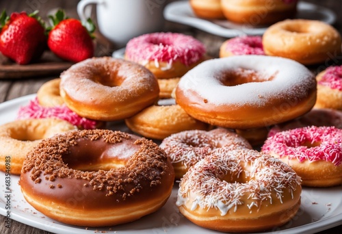 tasty donuts with strawberries in the background photo