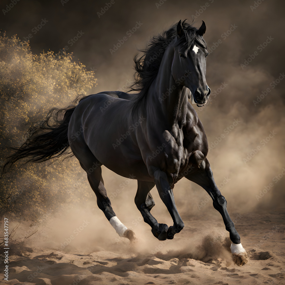 Black stallion gallops in dust and dust on a brown background Black stallion gallops in dust and dust on a brown background