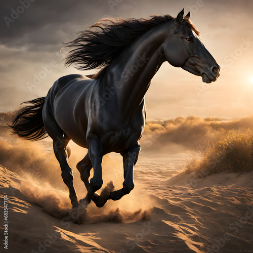 Horse running in the desert. 3d render illustration of horse