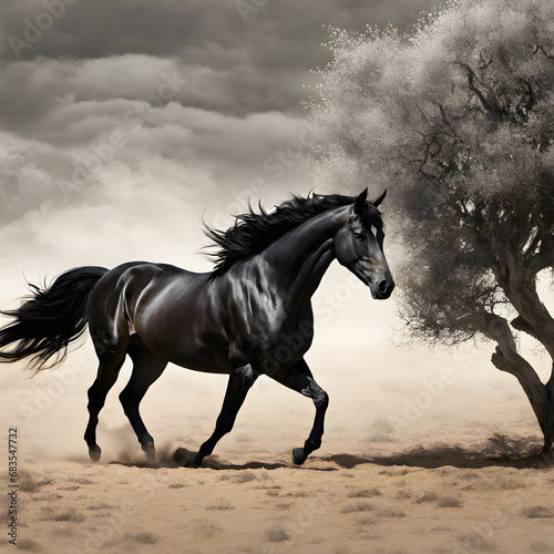 Black horse running gallop in the desert with trees and cloudy sky