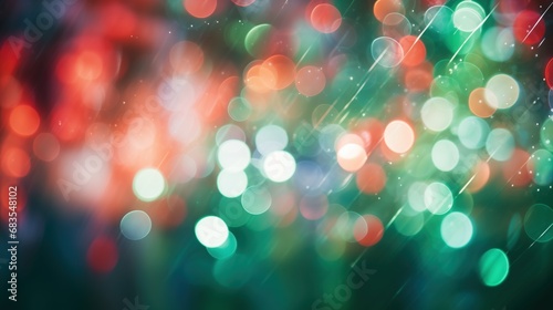 A beautiful bokeh effect creates a festive blur of Christmas lights, with colors of red, green, and gold merging into a dreamy backdrop suggestive of holiday warmth and cheer.