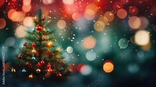 A Christmas tree adorned with multicolored lights and ornaments stands prominently  surrounded by a kaleidoscope of blurred festive lights  creating a sense of holiday wonder.