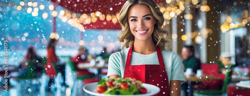 Joyful female waiter serves a vegan dish in restaurant on decorated Christmas party background. Waitress in an red apron with food serving vegetable salad. Woman working on New Year holidays.