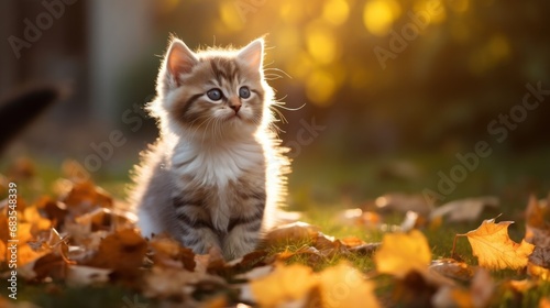 A Cute kitten playing with yellow autumn leaves at sunset. the backyard The background of the photo is a relaxing environment in the backyard.