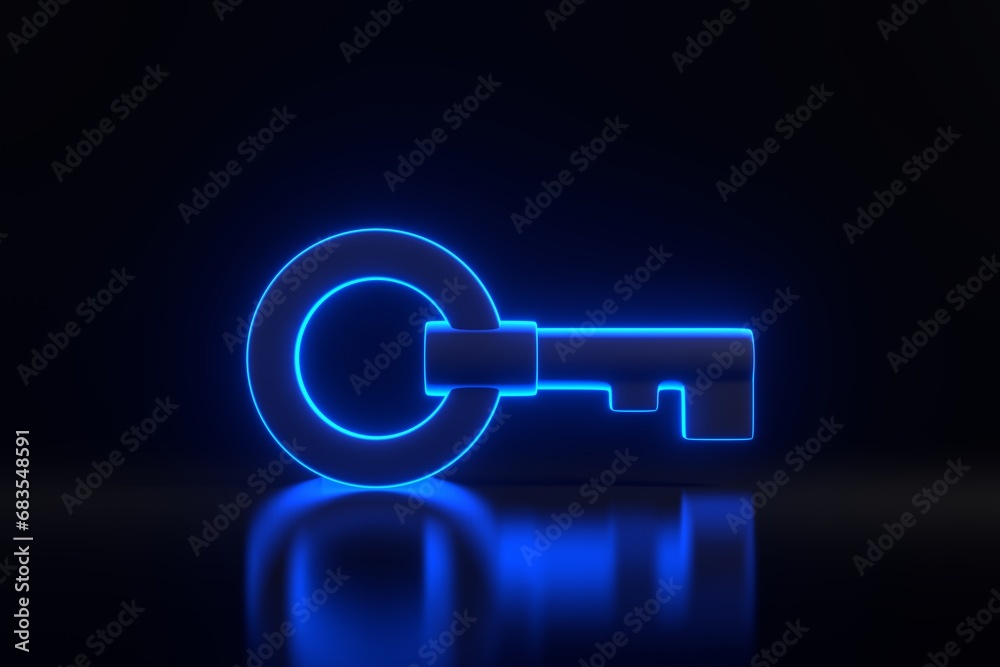 Chest key with bright glowing futuristic blue neon lights on black background. 3D render illustration Chest key with bright glowing futuristic blue neon lights on black background. 3D render illustration
