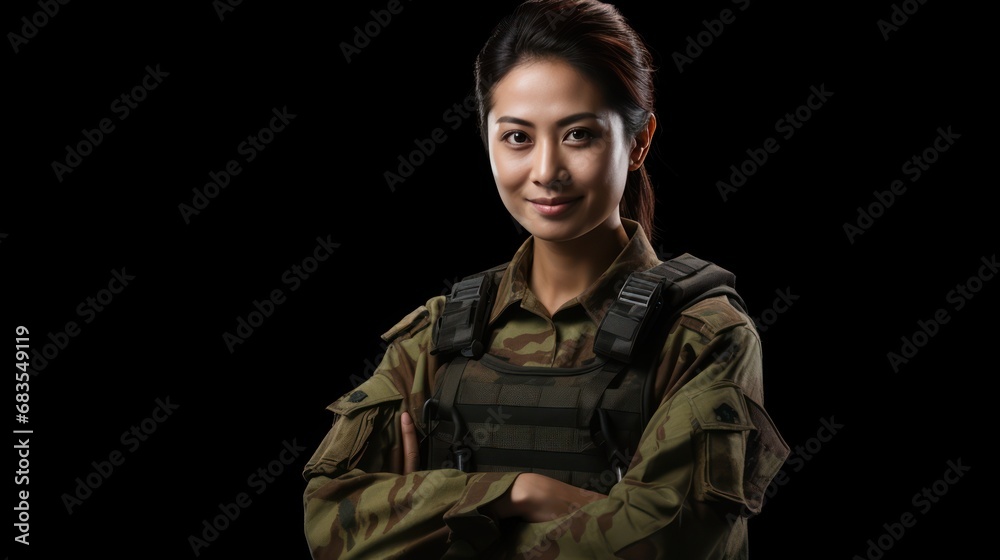 A Beautiful Asian female soldier smiling with arms crossed looking at camera, side view, half body shot, black isolated background, A Beautiful Asian female soldier smiling with arms crossed looking at camera, side view, half body shot, black isolated background,
