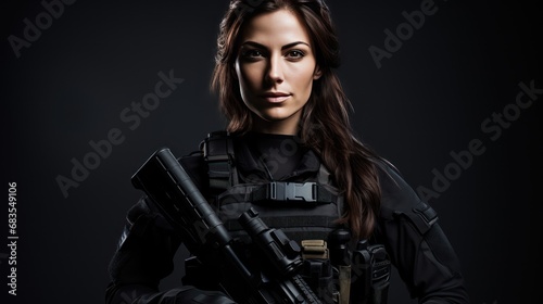 A Beautiful female special agent commando smiling in operational gear and weapons. photo