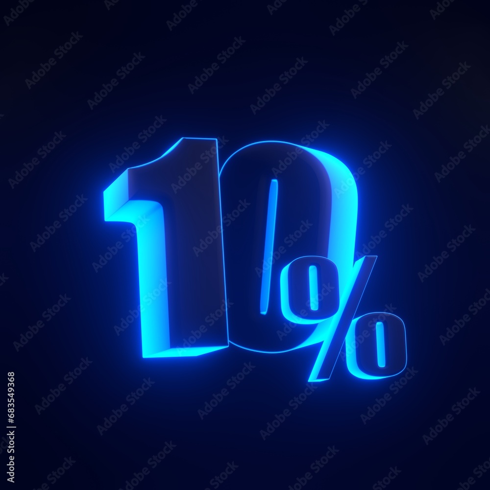 Ten percent sign with bright glowing futuristic blue neon lights on black background. 10% discount on sale. 3D render illustration Ten percent sign with bright glowing futuristic blue neon lights on black background. 10% discount on sale. 3D render illustration