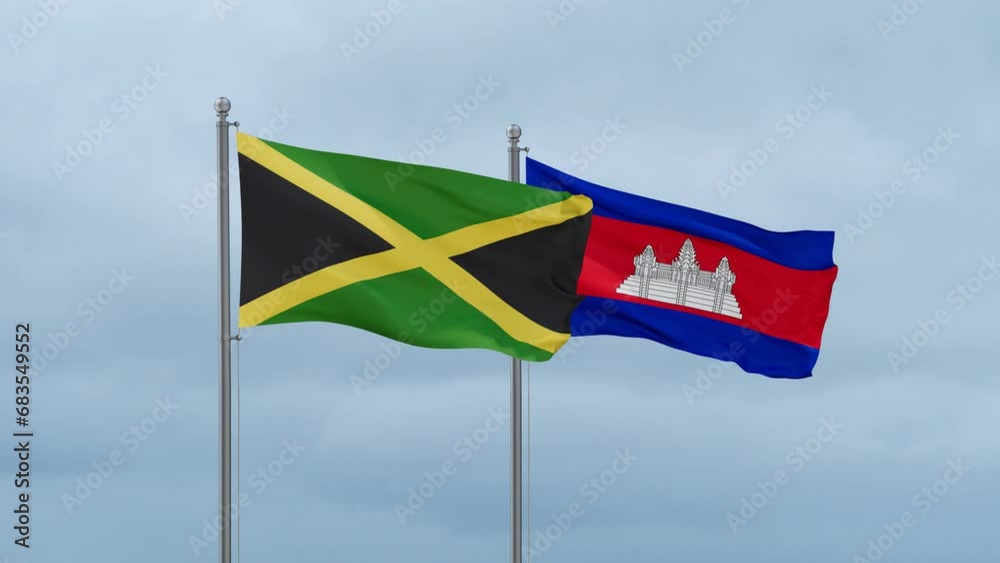 Cambodia flag and Jamaica flag waving together on cloudy sky, endless seamless loop, two country relations concept Cambodia flag and Jamaica flag waving together on cloudy sky, endless seamless loop, two country relations concept