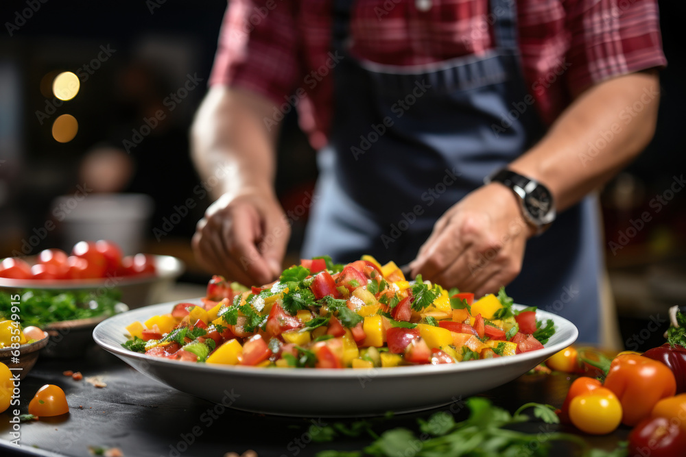 A hands-on cooking class where participants learn to make fruit salsa, emphasizing the versatility of fruits in savory dishes. Concept of culinary education. Generative Ai.