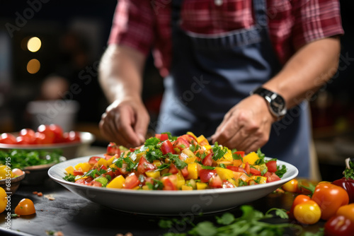 A hands-on cooking class where participants learn to make fruit salsa  emphasizing the versatility of fruits in savory dishes. Concept of culinary education. Generative Ai.
