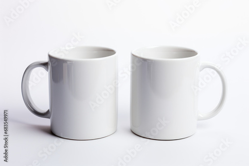 A pair of white ceramic coffee mugs, sitting against a plain white backdrop, representing simplicity and the ritual of enjoying a warm beverage. Generative Ai.
