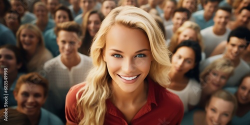 Aerial View of Smiling Blonde Woman Amongst a Crowd. Generative ai