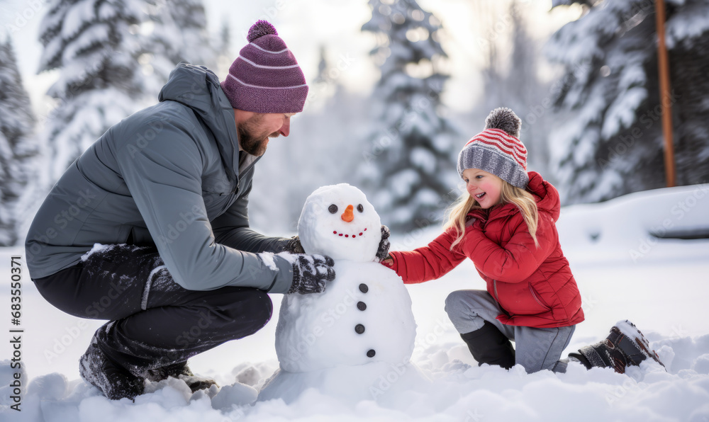 A family having fun in the snow building a snowman
