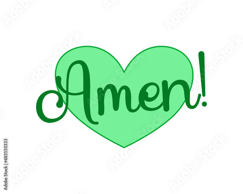 Emoji, sticker, or clipart of a green heart with the word Amen. Graphic isolated on a transparent background. Christian vector illustration