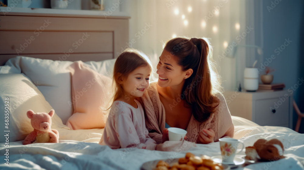 Woman and little girl sitting on bed with cup of coffee.