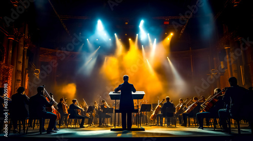 Man standing in front of keyboard on stage with orchestra behind him.