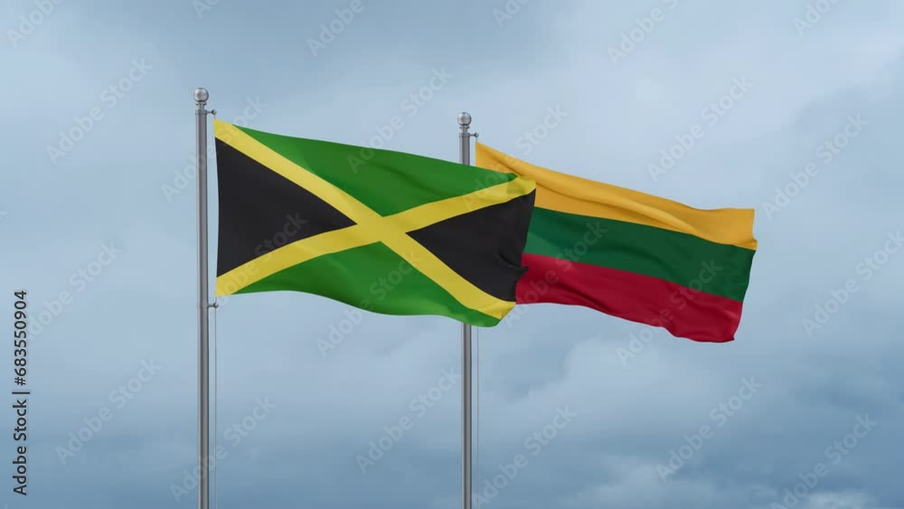 Lithuania flag and Jamaica flag waving together on cloudy sky, endless seamless loop, two country relations concept Lithuania flag and Jamaica flag waving together on cloudy sky, endless seamless loop, two country relations concept