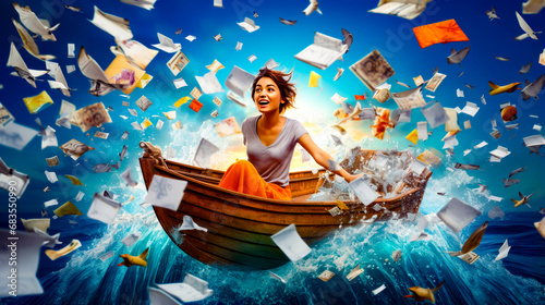 Woman sitting in boat surrounded by books floating in the air and floating in the water. © Констянтин Батыльчук