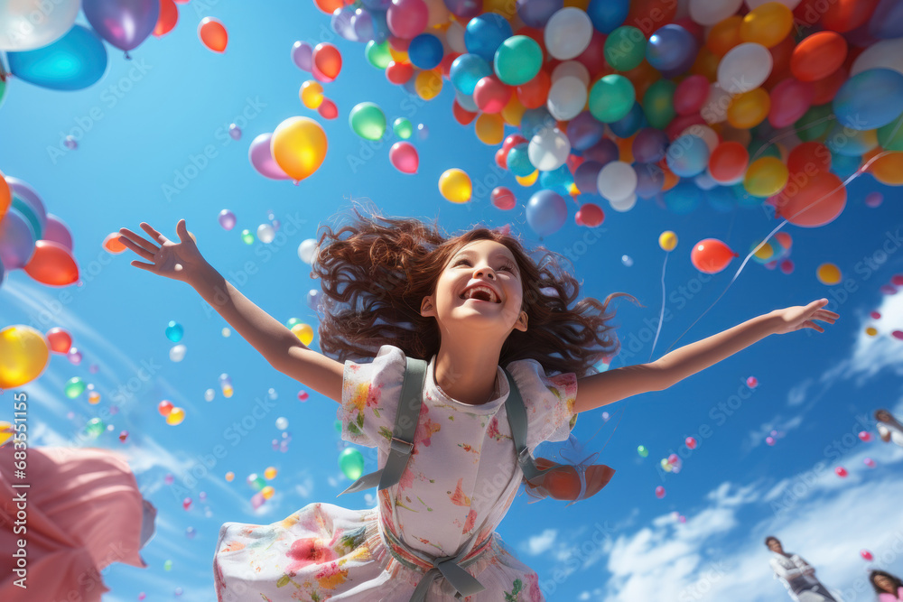 Whimsical illustrations of girls with balloons in hand, floating above the ground, representing the uplifting and buoyant spirit of youth. Generative Ai.