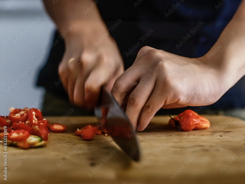 a chef adeptly slicing hot peppers, showcasing skill and precision in the culinary art. a chef adeptly slicing hot peppers, showcasing skill and precision in the culinary art.