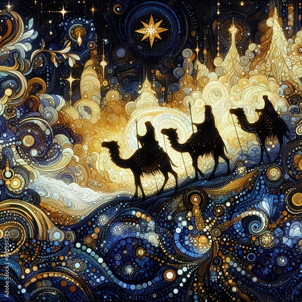 Abstract ornamental illustration of three wise men traveling to visit born Jesus in Bethlehem Abstract ornamental illustration of three wise men traveling to visit born Jesus in Bethlehem