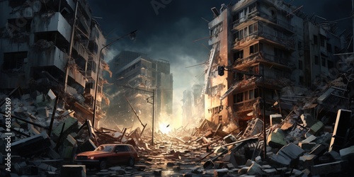 The city after strong earthquake, a sudden and violent shaking of the ground, sometimes causing great destruction, as a result of movements within the earth's crust or volcanic action