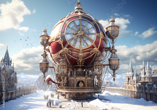 Steampunk style hot air balloon. Unreal landscape. AI generated
