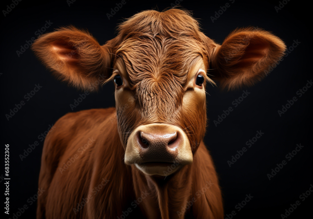 Realistic portrait of a cow on dark background. AI generated