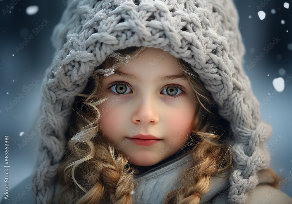 Girl dressed warmly in a woolen hat and scarf on the street with falling snow. Winter time. AI generated Girl dressed warmly in a woolen hat and scarf on the street with falling snow. Winter time. AI generated