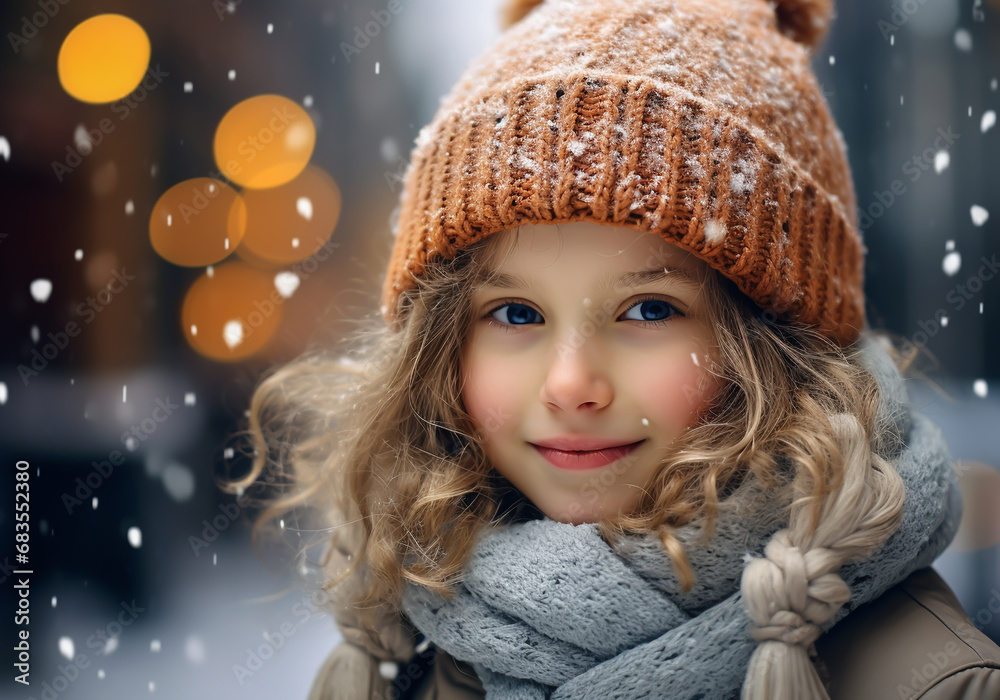 Girl dressed warmly in a woolen hat and scarf on the street with falling snow. Winter time. AI generated Girl dressed warmly in a woolen hat and scarf on the street with falling snow. Winter time. AI generated