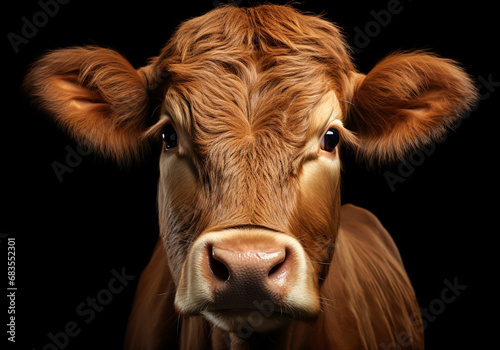 Realistic portrait of a cow on dark background. AI generated