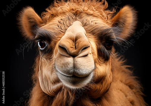 Realistic portrait of a camel on dark background. AI generated