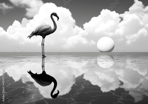 Unreal and gloomy landscape with clouds and a flamingo  in the water. Minimalist style. AI generated