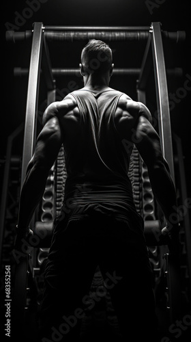  A male athlete stands before gym equipment, his back muscles defined under the gym lights, exuding strength and preparation.