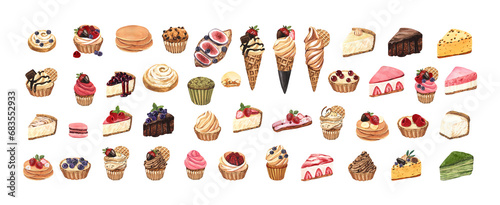 Set desserts, colorful sweet cakes slices pieces of cheesecake with berries and soft ice cream waffle cone with cookie and strawberry. Watercolor hand-drawn illustration isolated on white background
