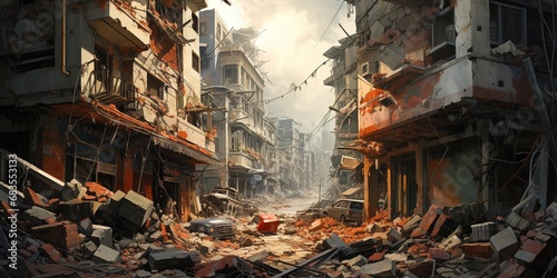 The city after strong earthquake, a sudden and violent shaking of the ground, sometimes causing great destruction, as a result of movements within the earth's crust or volcanic action photo