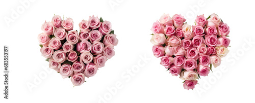 For Valentines day, a set of pink roses arranged in a heart shape, Isolated on Transparent Background, PNG