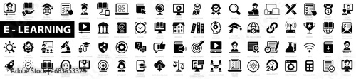 Electronic learning flat icon set. Online education icons. Distance learning, e-learning, online course, audio course, video tuition, educational website, digital education and more. Vector icons photo