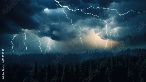Orage spectaculaire illuminant une forêt de sapins dans la nuit noire.